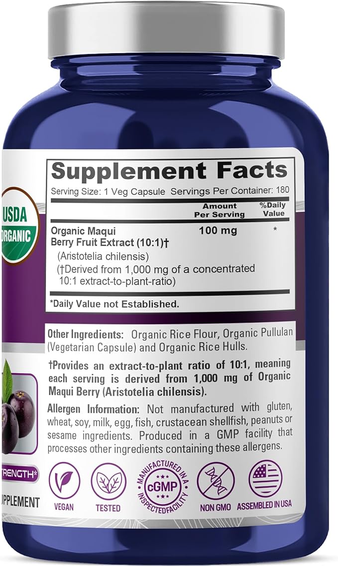 NusaPure USDA Organic Maqui Berry 10:1 Extract 100 mg Equivalent to 1000 mg 180 Veg Caps Suitable for Vegetarians and Vegans Non-GMO