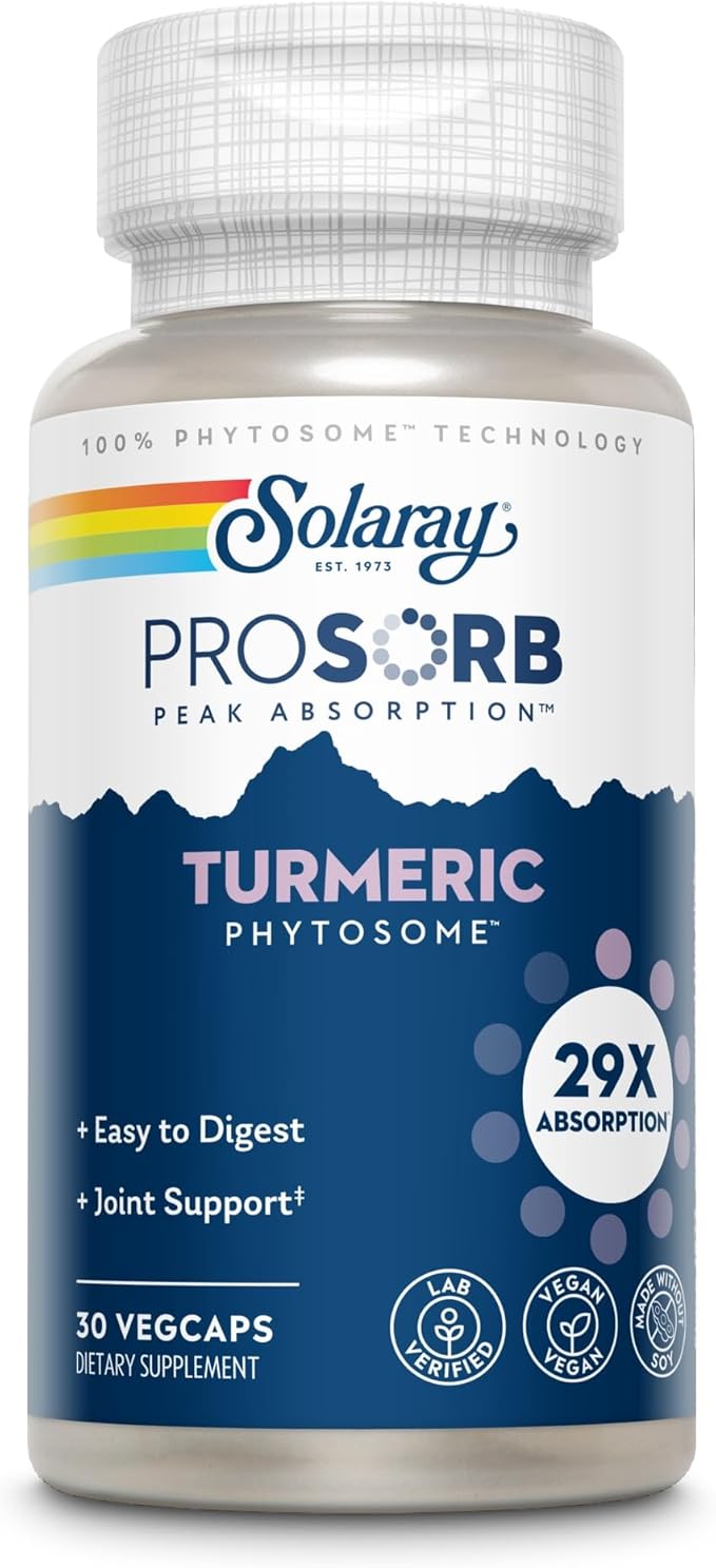 SOLARAY ProSorb Turmeric Supplement Phytosome 500 mg - 29X High Absorption Turmeric Curcumin Supplement for Joint Health Support - Easy-to-Digest Curcumin Vegan 60-Day Guarantee 30 Serv 30 VegCaps