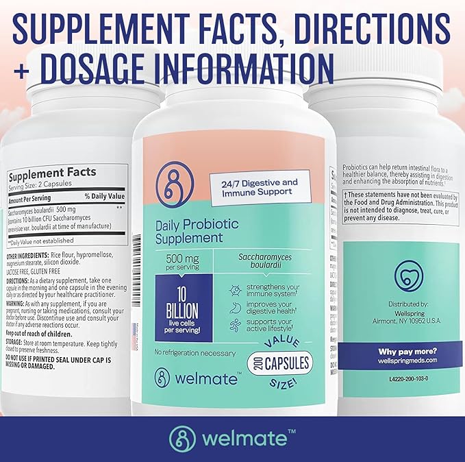 WELMATE - Daily Probiotic Supplement (200 Capsules) Saccharomyces Boulardii 500mg - 24/7 Digestive Support Immune Support - 10 Billion CFU - Over-The-Counter Medication - Vegan Gluten Free Non GMO
