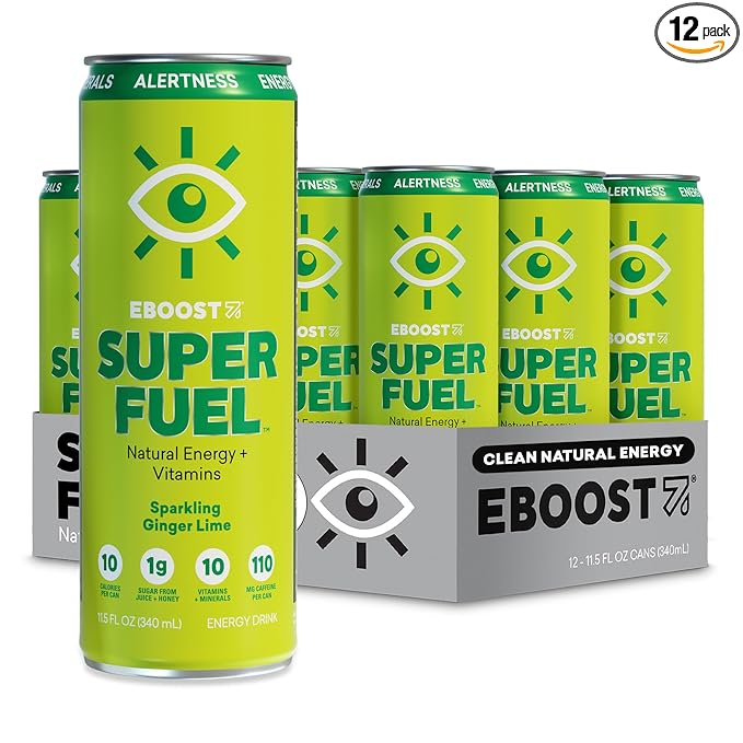 EBOOST SUPER FUEL Healthy Energy Drink - Ginger Lime: 12 Healthy Energy Drinks - Focus &amp Productivity - 110 mg Caffeine + Nootropics &amp Electrolytes - No Sucralose Taurine Artificial Flavors