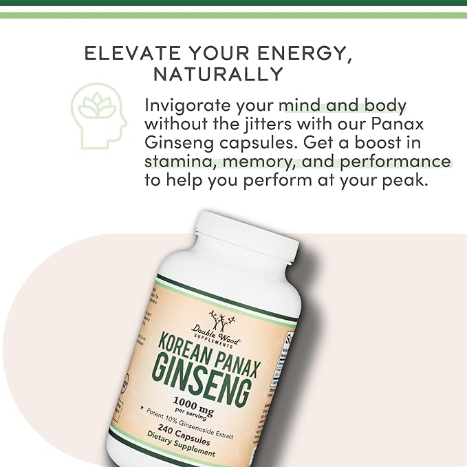 Ginseng Capsules (Korean Red Ginseng Extract Panax Ginseng 10% Ginsenosides) (4 Month Supply) 240 Vegan Capsules - 1000mg per Serving for Mood Cognitive Function and Energy Support by Double Wood