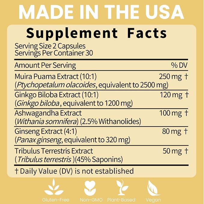 Ginseng Ashwagandha Gingko Tribulus Herbal Supplements 60 Capsules Adaptogen Energy Stamina Immune Antioxidants Gut Health Made in The USA