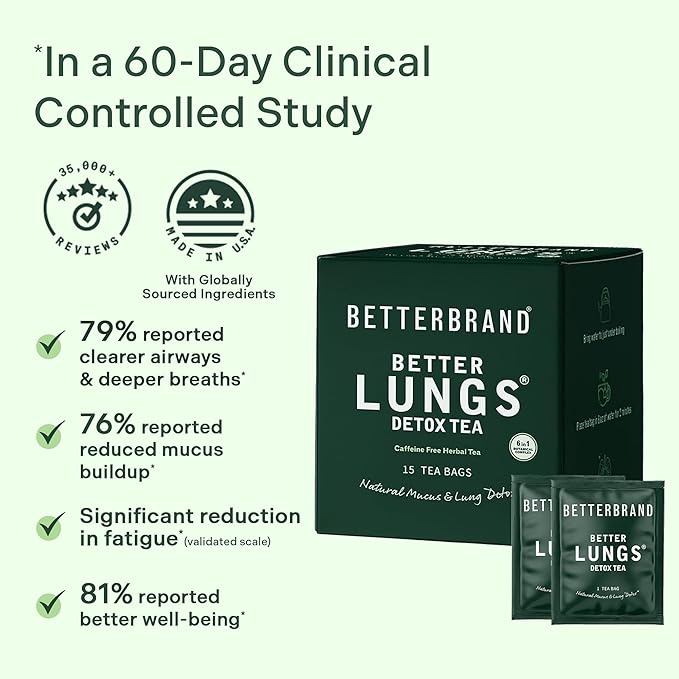 Betterbrand Mullein Tea Bags for Lung Detox - Respiratory Support with Thyme Elderberry Ginseng Ginger Caffeine Free Herbal Blend - 15 Tea Bags (Pack of 1)