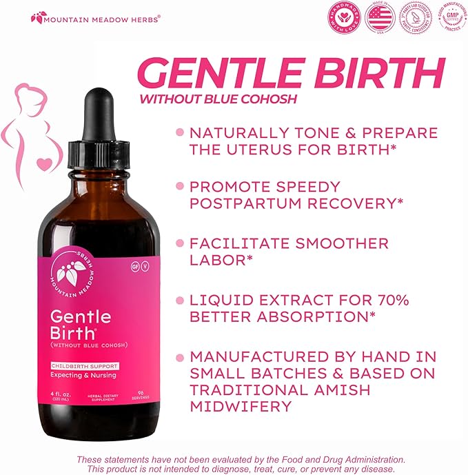 Mountain Meadow Herbs Gentle Birth for Birth Prep/Labor Prep Fast Acting Liquid Herbal Extract for Childbirth Support w/o Blue Cohosh - 4oz