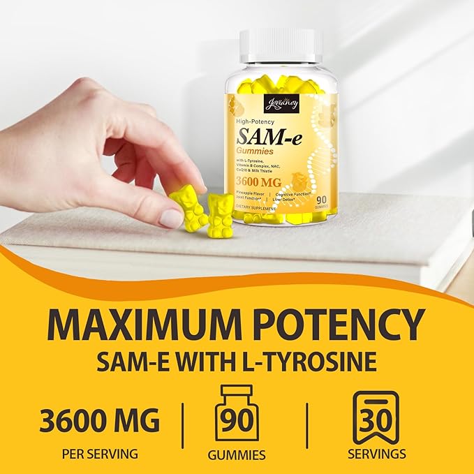 SAM-e Gummies with L-Tyrosine Vitamin B Complex &amp NAC CoQ10 High-Potency SAM-e Supplement - Pineapple Flavor for Mood Joint Cognitive &amp Liver Detox Vegan Friendly 180 Gummies