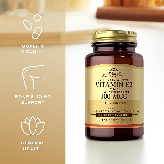 Solgar Naturally Sourced Vitamin K2 (MK-7) 100 mcg - 50 Vegetable Capsules Pack of 2 - Supports Bone Health - Whole Food Source from Natto Extract - Non-GMO Gluten Free - 100 Total Servings