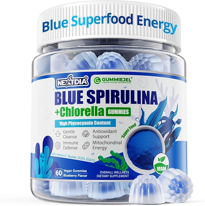 Organic Blue Spirulina Gummies High Phycocyanin from Nutrient-Rich Blue-Green Algae for Antioxidants Cellular Energy &amp Cleanse Superfood w/Chlorella CoQ10 &amp VCTaurineGreen Tea Sugar Fre