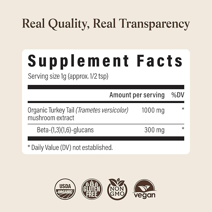 Real Mushrooms Turkey Tail Mushroom Powder – Organic Turkey Tail Extract from – for Wellness Gut Harmony &amp Energy Support – Vegan Non-GMO No Fillers – 100 Servings Functional Mushroom Suppleme