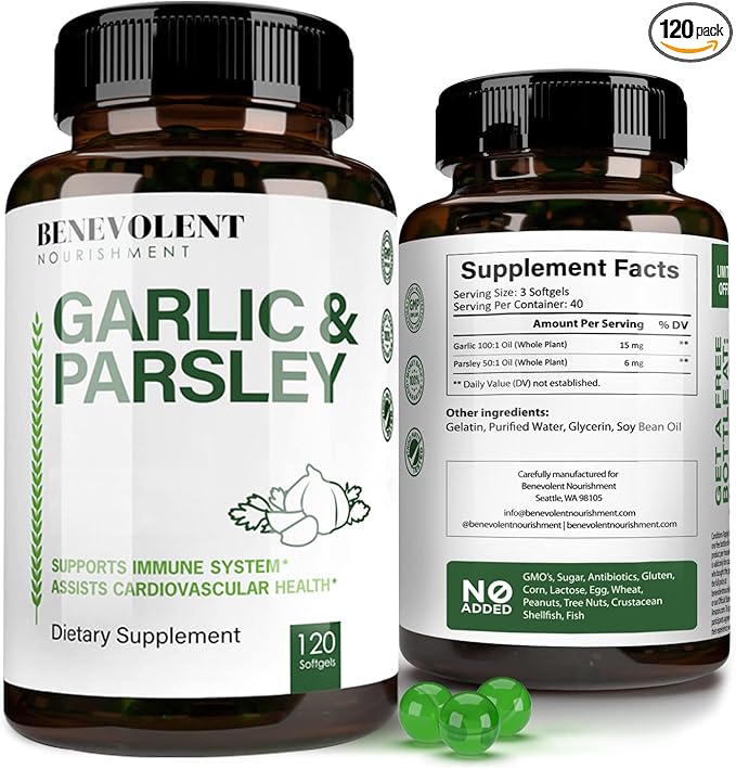 Benevolent Garlic Supplements Odorless - 1500 MG Aged Extract Oil Capsules 120 Softgels - Antioxidant Immunity Support Garlic Pills &amp Promotes Healthy Cholesterol Levels - Non GMO 40 Day Supply