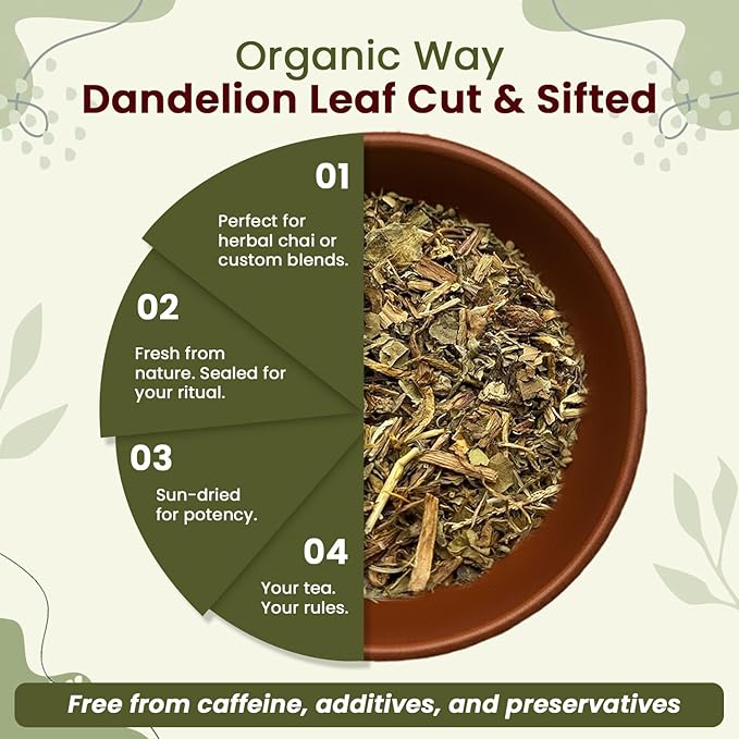 Organic Way Dandelion Leaf (Taraxacum Officinale) Cut &amp Sifted - Herbal Tea | European Wild-Harvest | Kosher &amp USDA Certified | Vegan Non-GMO &amp Gluten Free | 100% Raw from Albania (1LBS /