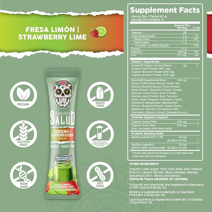 Salud 2-in-1 Greens Powder + Superfood Drink Mix Packets 20+ Fruits and Veggies Probiotics Prebiotics Supports Digestive Health Bloating Relief Vegan Strawberry Lime (15 Servings)