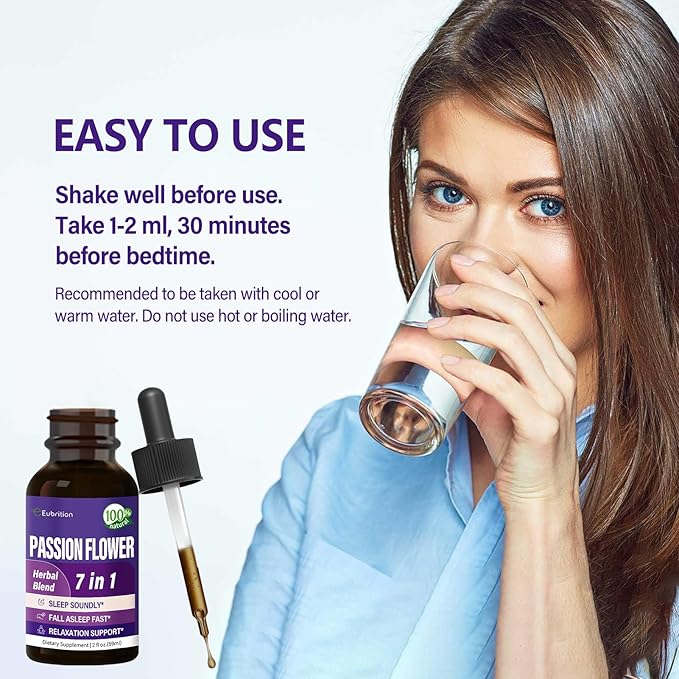Passion Flower Sleep Support Liquid Drops Natural Herbal Formula with Valerian Root Chamomile Extract Support Sleep Soundly &amp Relaxation. High Bioavailability Supplement.4oz