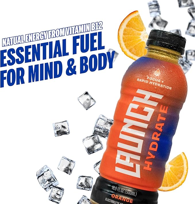Sports Drink: Orange Flavor - 16.9 Oz (12 Pack) Energy Drink + Hydration Real Cane Sugar Electrolytes Cognizin for Focus Vitamin B12 Energy Boost L-Glutamine Hydration Formula No Artificial Swe