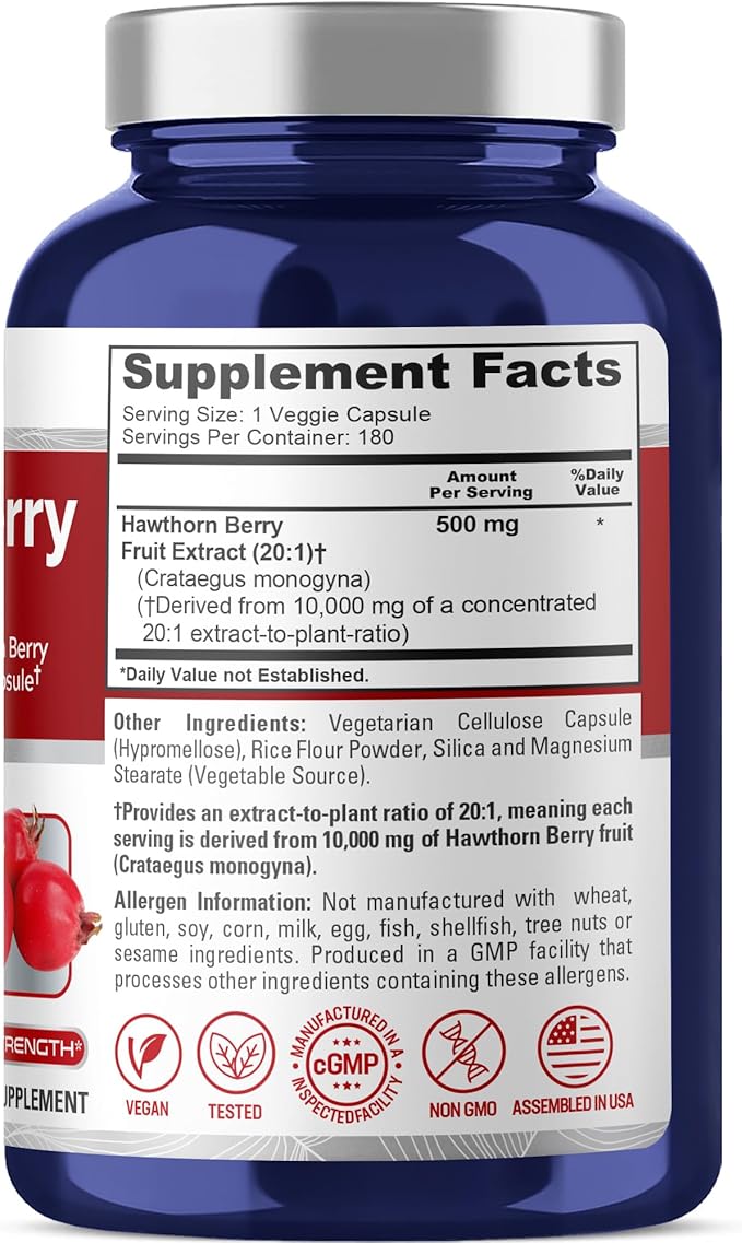 NusaPure Hawthorn Berry 20:1 Extract 500 mg Equivalent to 10000 mg 180 Veg Caps Suitable for Vegetarians Vegan Non-GMO Dietary Supplement