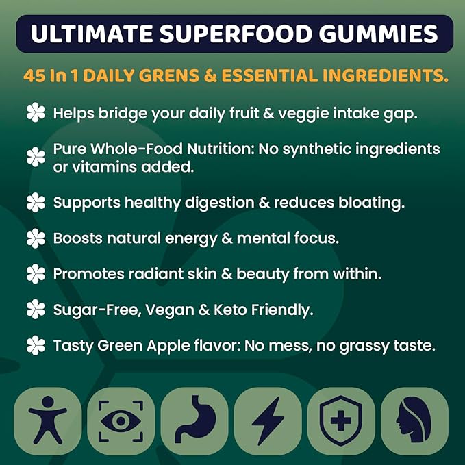 Super Greens Gummies for Adults – 7-in-1 Whole Food Supplement Spirulina Lion’s Mane Probiotics Fiber &amp Digestive Enzymes Vegan Sugar-Free Digestive &amp Immune Support 120 Gummies
