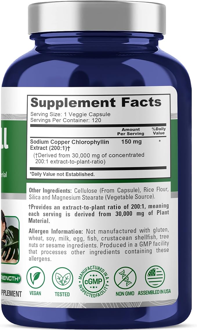NusaPure Chlorophyll 200:1 Extract 150 mg Equivalent to 30000 mg per Capsule 120 Vegetarian Caps (Non-GMO Vegan)