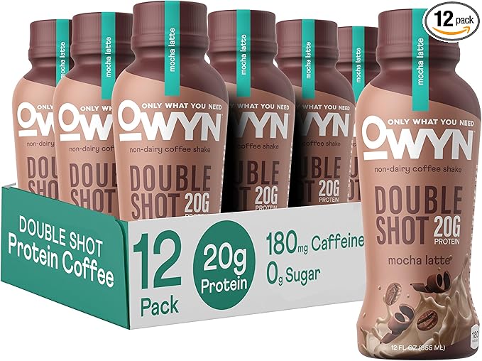 OWYN Only What You Need Double Shot Mocha Latte Flavored Protein Shake 20g Protein 0g Sugar 3g Fiber 180mg Caffeine Dairy Free Plant Based Protein Drink 12 Count