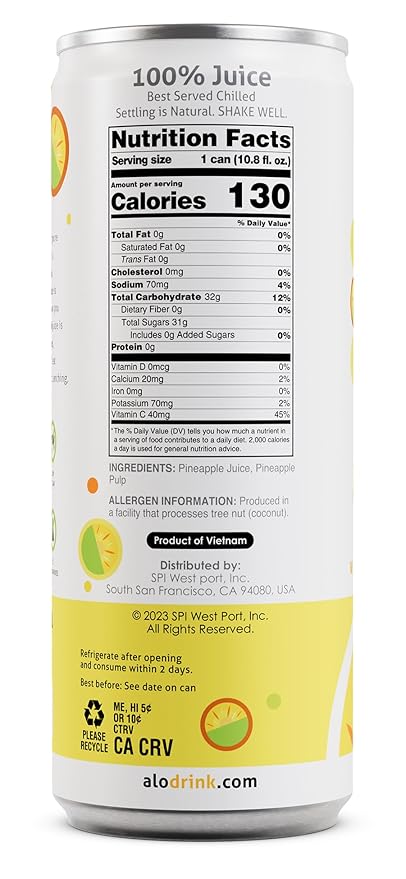 ALO Slim Can Juice Pineapple with Real Fruit Pulp| 10.82 fl oz Pack of 12 | Plant-Based Beverage 100% Natural Juice