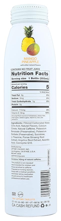 Uptime Mango Pineapple Energy Drink with Other Natural Flavors Natural Caffeine Sugar Free Gluten Free &amp Non-GMO 12 Fluid Ounce (Pack of 12)