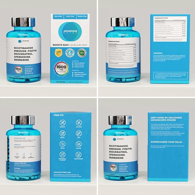 Liposomal Nicotinamide Riboside NR Supplement Resveratrol NAD : Nicotinamide 500mg w/Fisetin Resveratrol Powder Spermidine Berberine NAD Resveratrol Supplement 500 mg - 60 caps 4 Pack