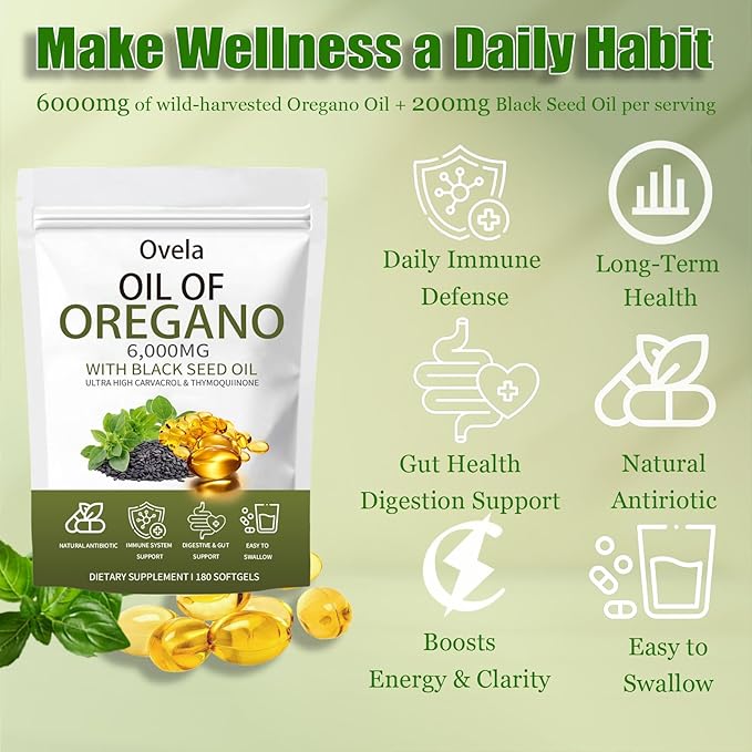 Ovela Oil of Oregano with Black Seed Oil Oil of Oregano Softgels 6000mg Pure &amp Natural Supplement Immune Support | Improving Gut Health | Boosts Energy Non-GMO Gluten Free (1)