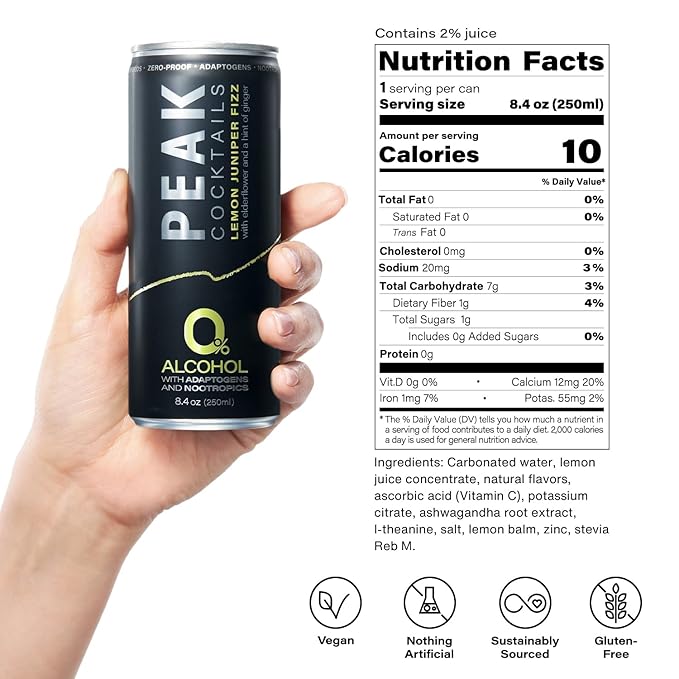 Peak Cocktails Non-Alcoholic Cocktail | Adaptogens Nootropics Superfoods for Recovery Calm Sleep | Ashwagandha Tart Cherry L-Theanine | Mixologist-crafted | Lemon Juniper Fizz | 8.4 oz 12-Pack