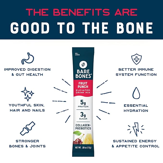 Bare Bones Fruit Punch Elevated Drink Mix | Collagen &amp Prebiotics | Gluten-Free &amp Naturally Sweetened | On-the-Go Stick Single-Serve Packs Powdered Refreshment | 5g Protein | 16 Packets (.60 o