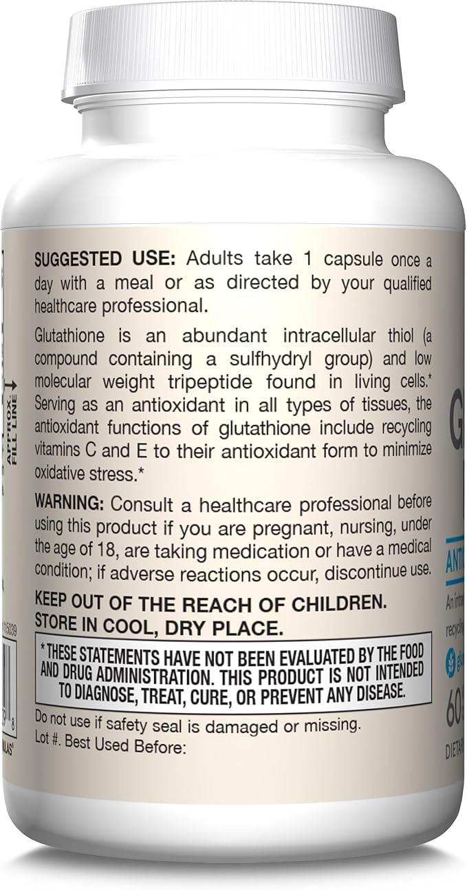 Jarrow Formulas Glutathione Reduced 500 mg - 60 Veggie Capsules - Intracellular Antioxidant - Quality Glutathione Supplements - Supports Recycling of Vitamins C &amp E - Non-GMO - Gluten Free - Vegan