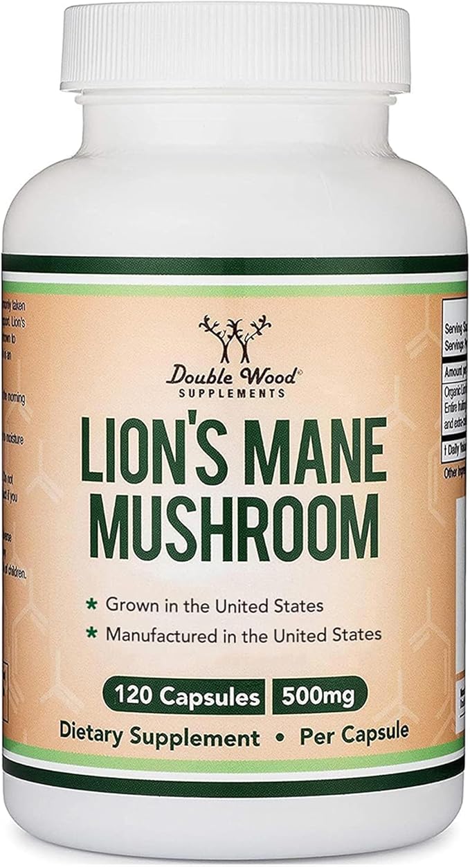 Organic Lions Mane Mushroom Capsules (120 Count) for Focus Support and Immune Health Third Party Tested and Grown in The USA - by Double Wood