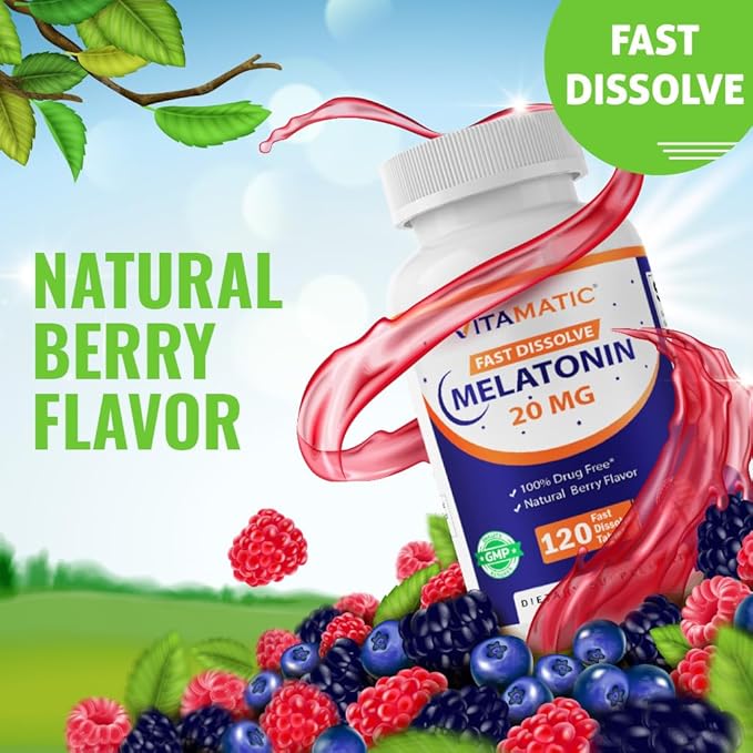 Vitamatic Melatonin 20 mg Tablets –Natural Berry Flavor – 120 Vegetarian Tablets per Bottle – 6 Bottles (Total 720)