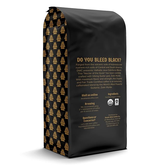 Death Wish Coffee Valhalla Java Odinforce Blend - Whole Bean Dark Roast - Extra Kick of Caffeine - Arabica &amp Robusta Beans - 12 Ounce (Pack of 2)