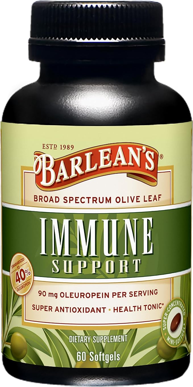Barlean's Olive Leaf Complex Softgels Immune Support Supplement with 90 mg Oleuropein Antioxidants Concentrated Heart Health and Immunity Booster Pills 60 Count
