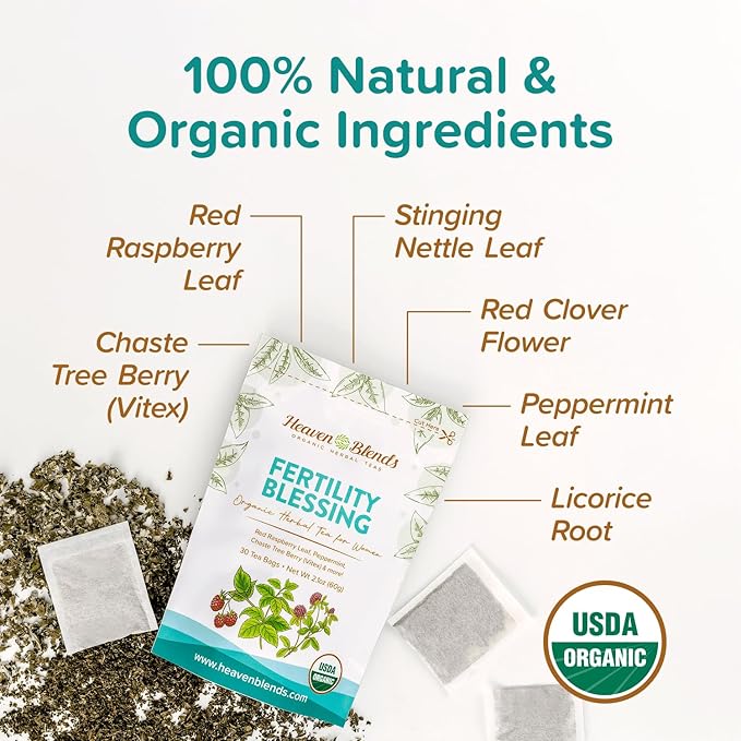 Heaven Blends Fertility Blessing Tea for Women – Red Raspberry Leaf Peppermint Chaste Tree Berry (Vitex) Red Clover Nettle &amp Licorice – USDA Organic Caffeine-Free Sugar-Free 30 Sachets