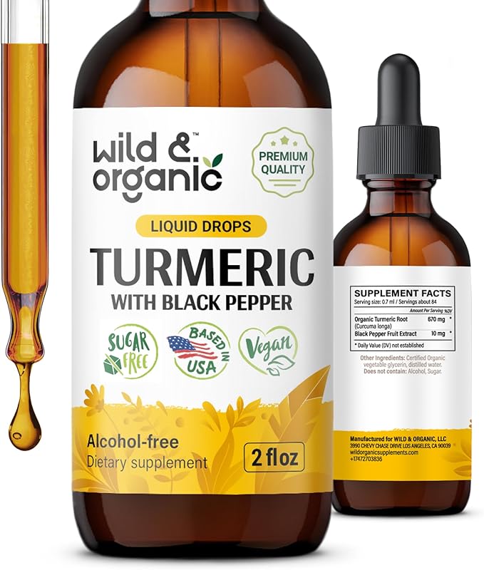 Wild &amp Organic Turmeric Supplement Liquid - Joint Support - Turmeric Curcumin with Black Pepper Extract - Curcumin Root Drops - Vegan Sugar &amp Alcohol-Free Tincture - 2 fl oz