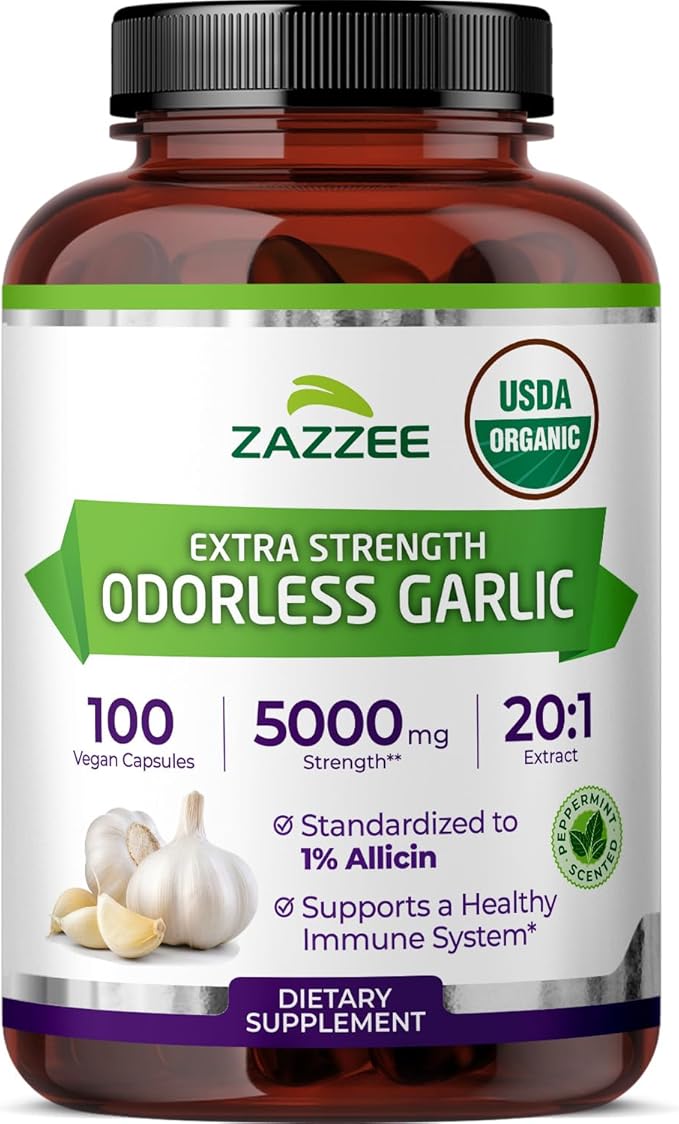 Zazzee USDA Organic Odorless Garlic 20:1 Extract 1% Allicin 100 Vegan Capsules 3+ Month Supply Allium Sativum Immune Circulation &amp Heart Health Support All-Natural Non-GMO Made in the USA