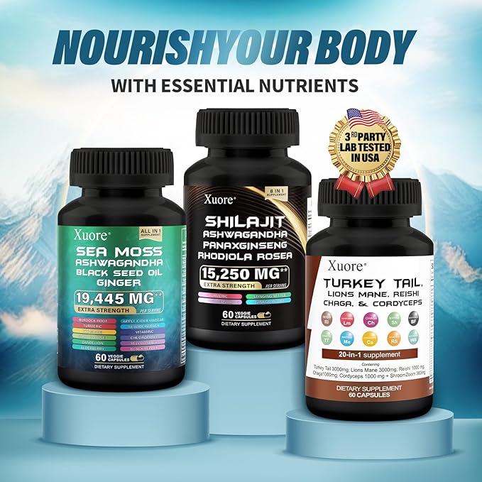 ShilajitSea Moss Black Seed OilMushroom &amp Herb Supplement with Lions Mane Turkey Tail Reishi Cordyceps Chaga Ashwagandha Ginger Rhodiola Rosea &amp Panax GinsengAll in One Supplement.