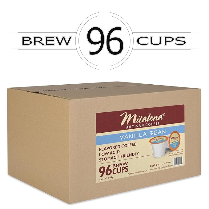 Mitalena Artisan Vanilla Bean Low Acid Coffee Pods for Keurig - Medium Roast K Cups for Acid Reflux Prevention - 72 Count Organic Coffee with Vanilla Flavor
