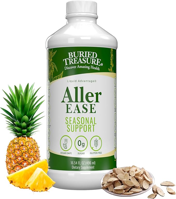 Buried Treasures Aller Ease - 16 fl oz. Liquid Supplement w/ Quercetin Bromelain Mullein Supports Immune Sinus Comfort Non-Drowsy Herbal Formula