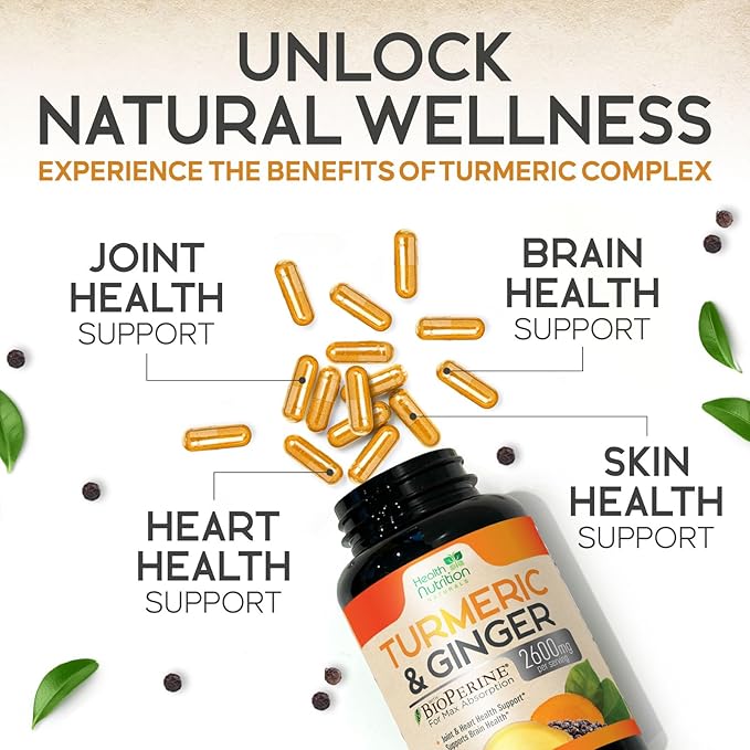Turmeric Curcumin Supplement - 2000mg Organic Turmeric &amp 400mg Organic Ginger per Serving - 95% Curcuminoids &amp BioPerine Black Pepper for Best Absorption &amp Joint Support Bottled in USA -