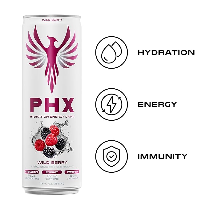 PHX Hydration Energy Drink - 700mg Electrolytes 200mg Natural Green Tea Caffeine 100% Daily Value 8 Essential Vitamins - 12 oz Cans (12 Pack) (12 Pack Wild Berry)