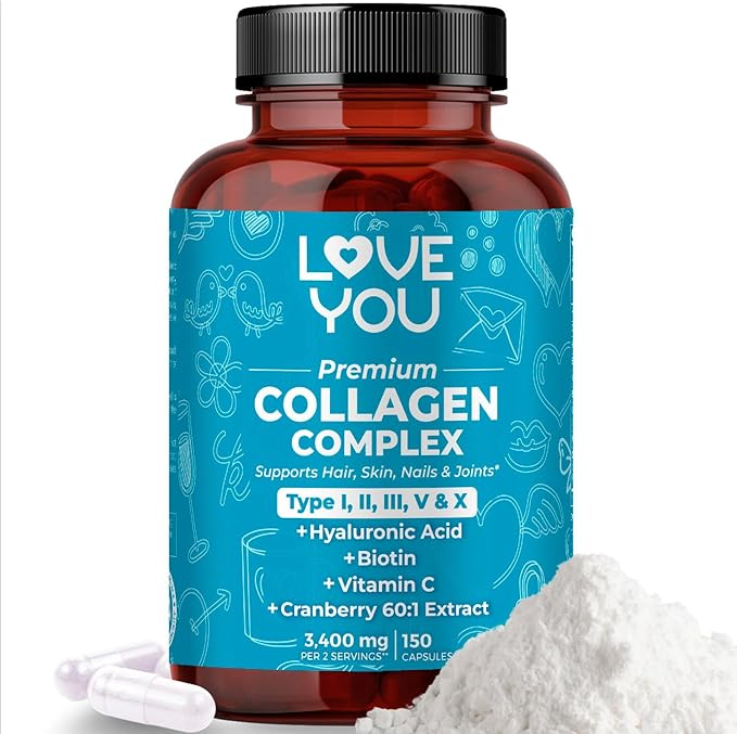 Love You Premium Collagen Complex – Types I II III V &amp X – Hair Skin Nails Joints &amp Gut Support – Hydrolyzed Bovine Collagen Peptides – Grass-Fed Non-GMO 120 Capsules USA Made