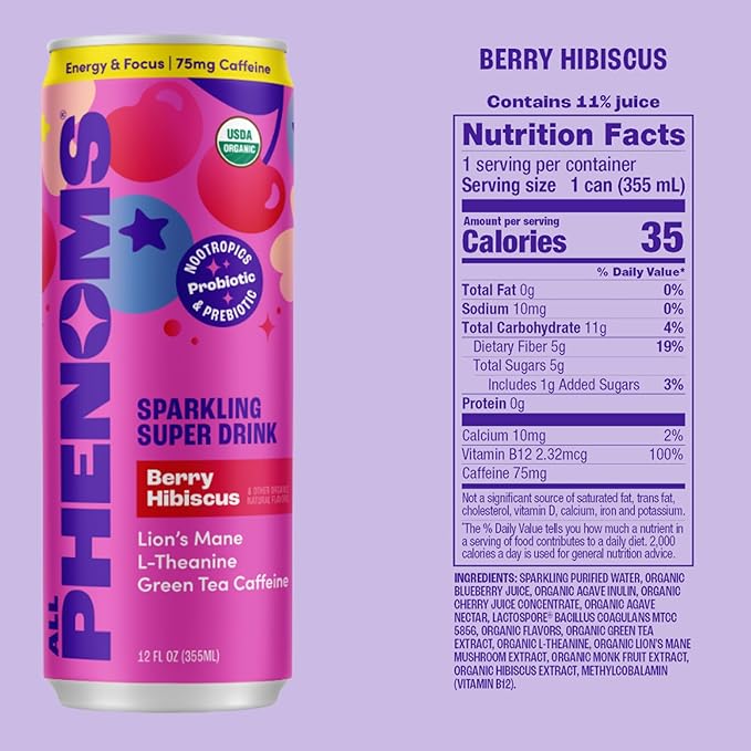 All Phenoms Energy &amp Focus Sparkling Organic Prebiotic &amp Probiotic Drink - Mushroom Blend (320mg Lions Mane) 75mg Green Tea Caffeine 75mg L-Theanine B12 - Berry Hibiscus (No Stevia) 12 Pac