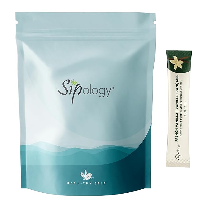 Sipology: Super Greens Boost - French Vanilla - 10 Stick Pack Superfoods-Vitamins-Minerals-Nutrients Mix Powder w/Water-Smoothies-Protein Shakes