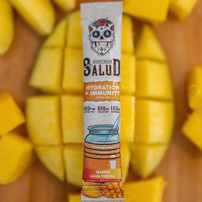 Salud 2-in-1 Hydration Packets + Immunity Electrolytes Powder Mango - Agua Fresca Drink Mix Elderberry Dairy &amp Soy Free Non-GMO Gluten Free Vegan Low Calorie 1g Sugar (15 Servings)