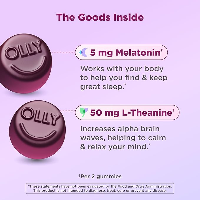 OLLY Extra Strength Sleep Gummy 5 mg Melatonin L-Theanine Chamomile Lemon Balm Extracts Sleep Aid BlackBerry Flavor - 90 Count