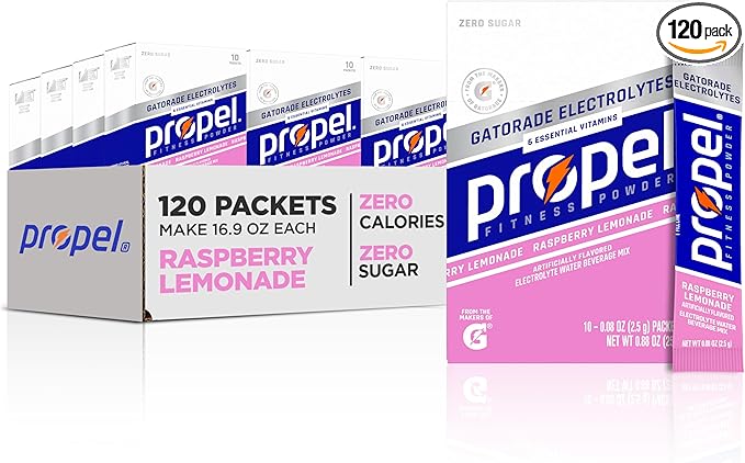 Propel Electrolyte Enhanced Water Drink Mix Powder Packets Raspberry Lemonade Zero Calorie &amp 0 Sugar Hydration with Electrolytes and Vitamins C &amp E (120 Packets)