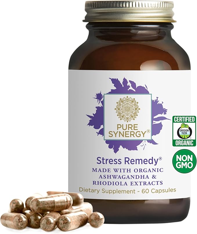 PURE SYNERGY Stress Remedy | Soothing Supplement with Ashwagandha | Organic Adaptogen Support from Rhodiola Lemon Balm and Holy Basil | for Stress Relief Adrenal Health and Mood (60 Capsules)
