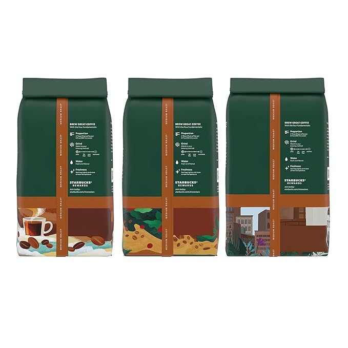 Starbucks Whole Coffee Beans Medium Roast Hot or Iced Coffee Variety Pack Three 12 oz Bags