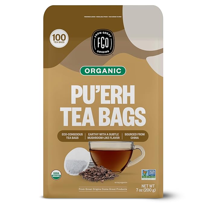 FGO Organic Pu'erh Tea 100 Count Eco-Conscious Black Tea Bags Resealable Bag Packaging May Vary (Pack of 1)