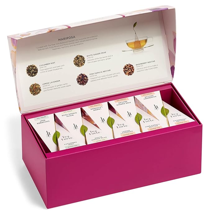 Tea Forte Premium Presentation Box Gift Set Sampler 20 Count Assorted Blends Individually Wrapped Handcrafted Pyramid Infuser Bags Mariposa Tea